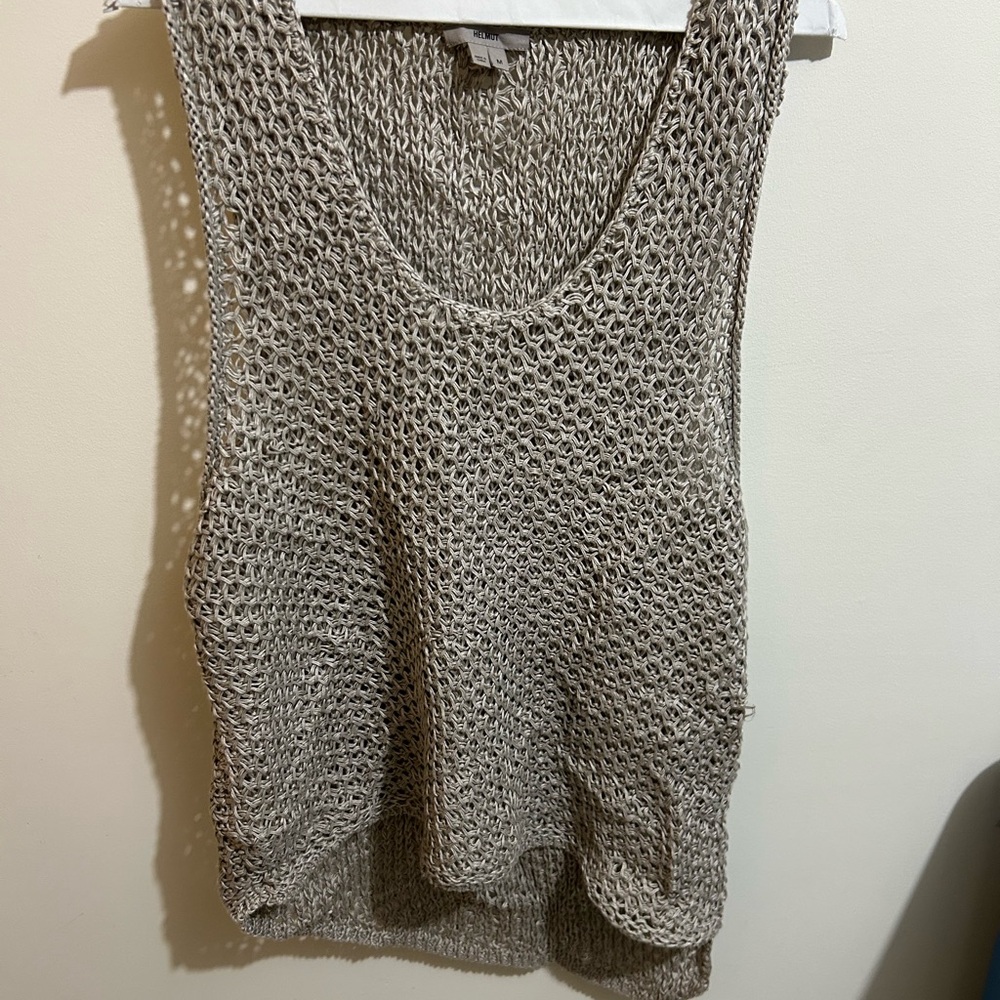 Helmut Lang Taupe Open-Knit Scoop Neck Sweater
